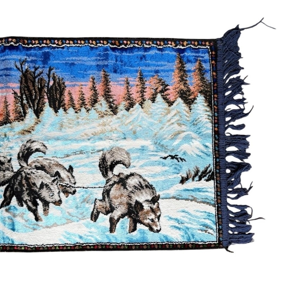 Vintage Mid Century Dogsled Tapestry Rug Husky Winter Scene Wall Hanging Cabin - Picture 4 of 7